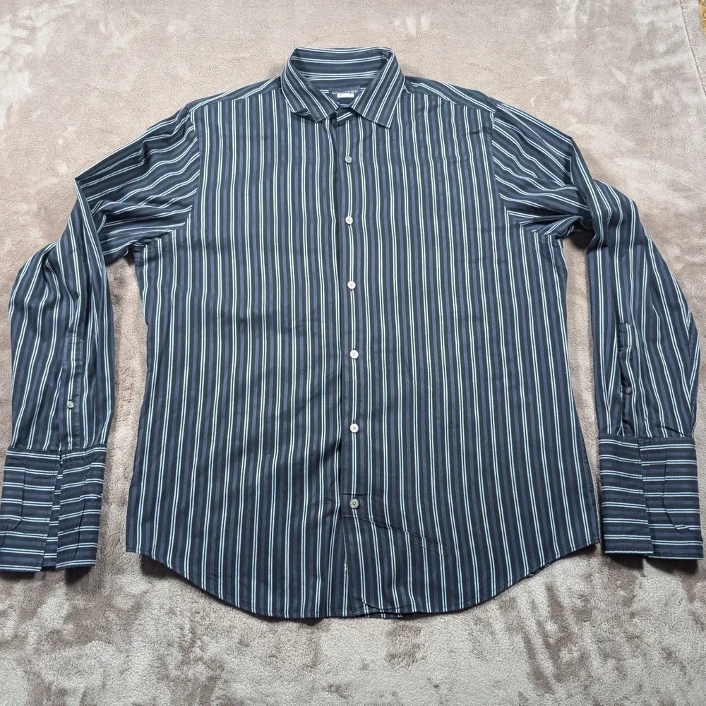 Banana Republic Button Up Shirt Mens L Navy Blue Striped French Cuffs Cotton
